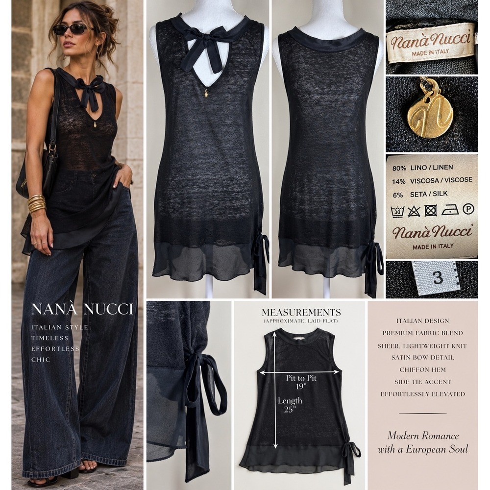 Nana Nucci Italy Black Linen Silk Sheer Tunic Top Bow Dark Romantic Boho